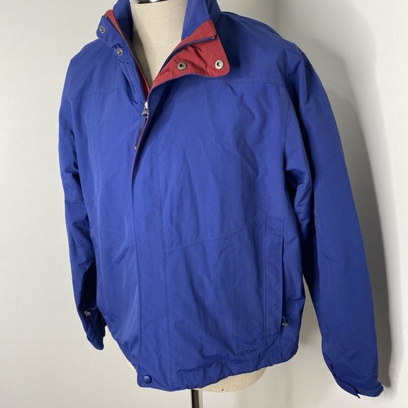 LL Bean Mens Windbreaker Jackets Sz M Blue Nylon Hood Pockets Coat - Picture 2 of 8